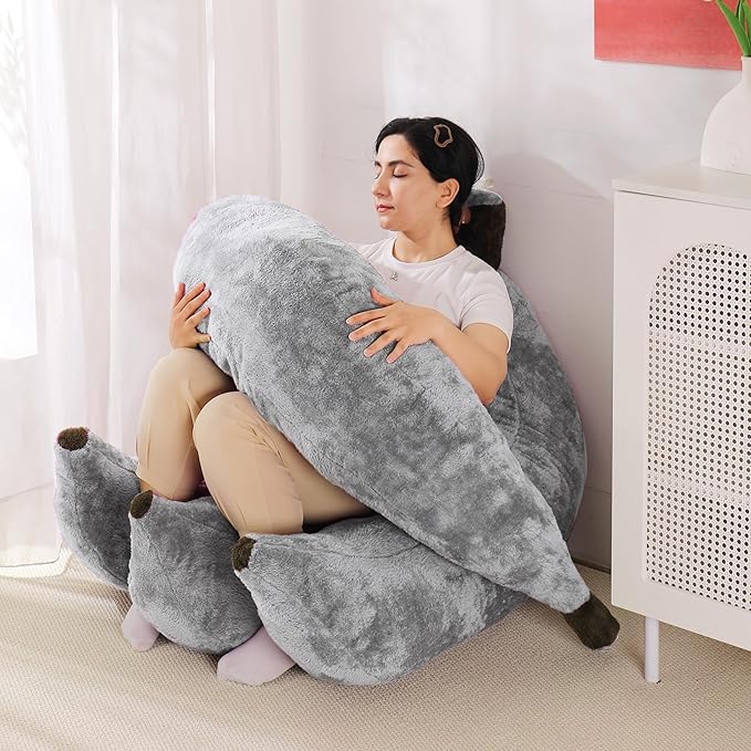 Banana Bean Bag Chair with Ottoman, Floor Sofa Bed with Footrest, Comfy Convertible Lounger for Teens & Adults, Plush Couch for Bedroom, Living Room or Dorm, M-Grey