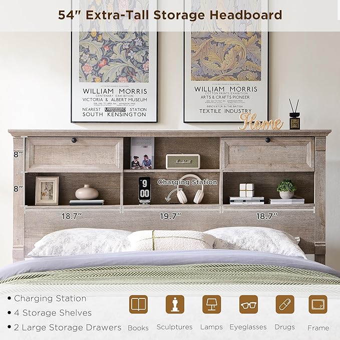 T4TREAM Farmhouse Queen Size Bed Frame with 54" Tall Storage Bookcase Headboard, Wood Platform Bed Frame with 18" Roman Column Decoration Footboard & 2 Drawers, No Box Spring Needed(Light Rustic Oak)