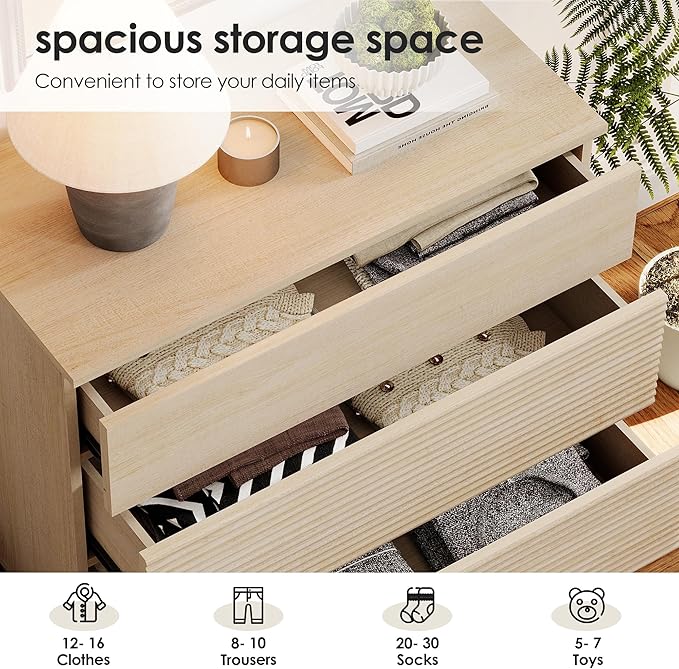 WAMPAT 63" W Fluted Dresser for Bedroom, Modern 6 Drawer Dresser TV Stand with Hidden Handles, Wooden Chest of Drawers Closet Clothes Storage Organizer for Bedroom, Living Room, Beige