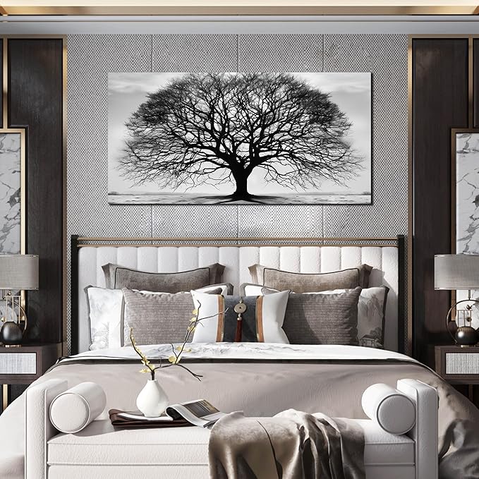 Prepeyssee Tree of Life Wall Art Large Artwork Black and White Wall Art Modern Landscape Nature Canvas Prints Decor for Living Room Bedroom Office Ready to Hang 24"x48"