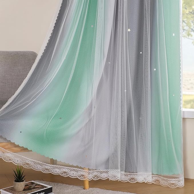 XiDi Curtains for Bedroom Decor, Rainbow Green LightgreyGrey34/90/1