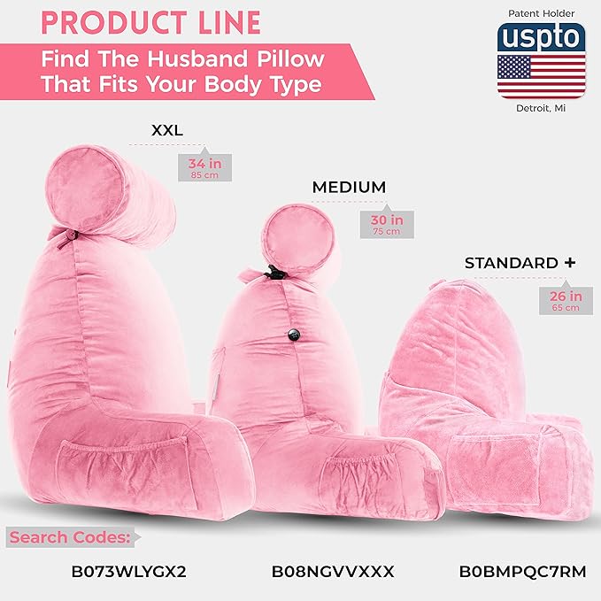 Husband Pillow Medium Pink, Backrest for Kids, Teens, Petite Adults - Reading Pillows with Arms, Adjustable Loft, Plush Memory Foam, Bed Rest Chair for Sitting Up, Detach Neck Roll, Removable Cover