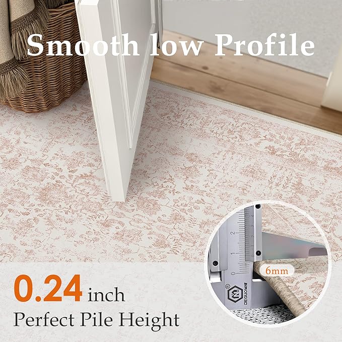 Pink Area Rug 3x5 Office Entryway Rug Machine Washable Kitchen Vintage Distressed Non Slip Carpet Indoor Retro Floral Accent Throw Door Mat for Bathroom Bedroom Dining Living Room