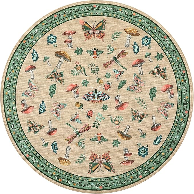 Mushroom Insect 3ft Round Rug Washable Non-Slip Soft Ultra-Thin Small Boho Circle Carpet for Entryway Kitchen Bedroom Nursery Dining Room Khaki Green