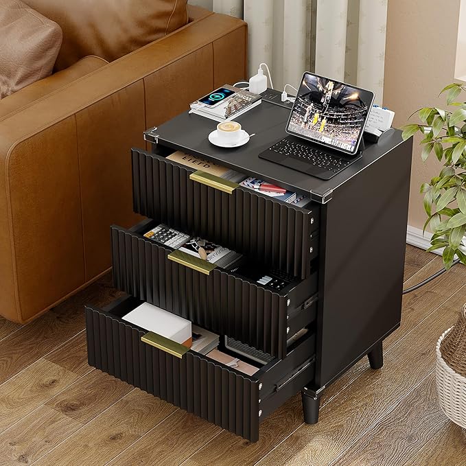 Lulive Wood 3 Drawers Dresser Fluted Night Stand with Charging Station, Natural Nightstand 3 Storage Drawers Dresser Modern Side Table, Bedside Table for Bedroom