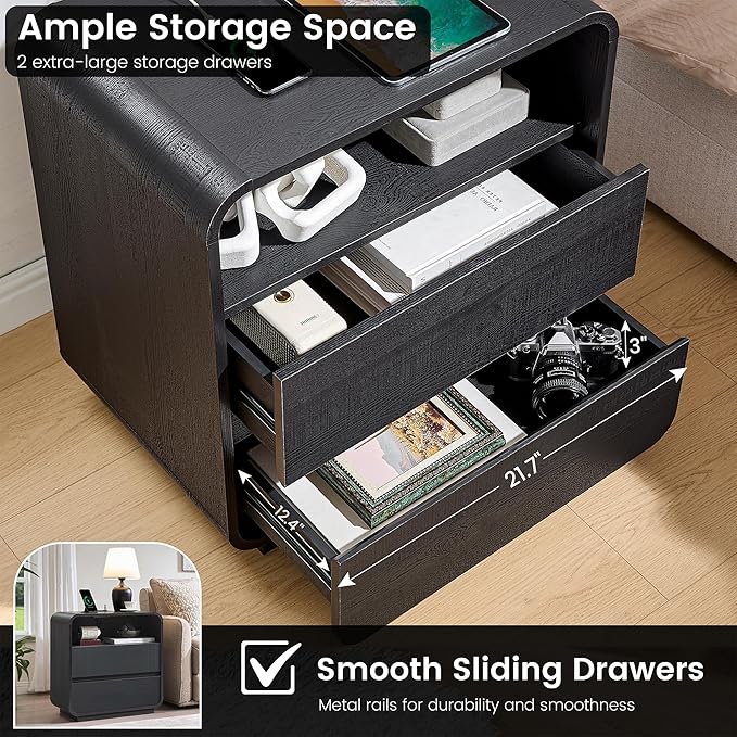 Black Curved Nightstand Set of 2 with Charging Station, 23.2" Wide Wood Bedside Table 2 Storage Drawers, Modern Side Table Handleless, Large End Table Night Stand for Bedroom