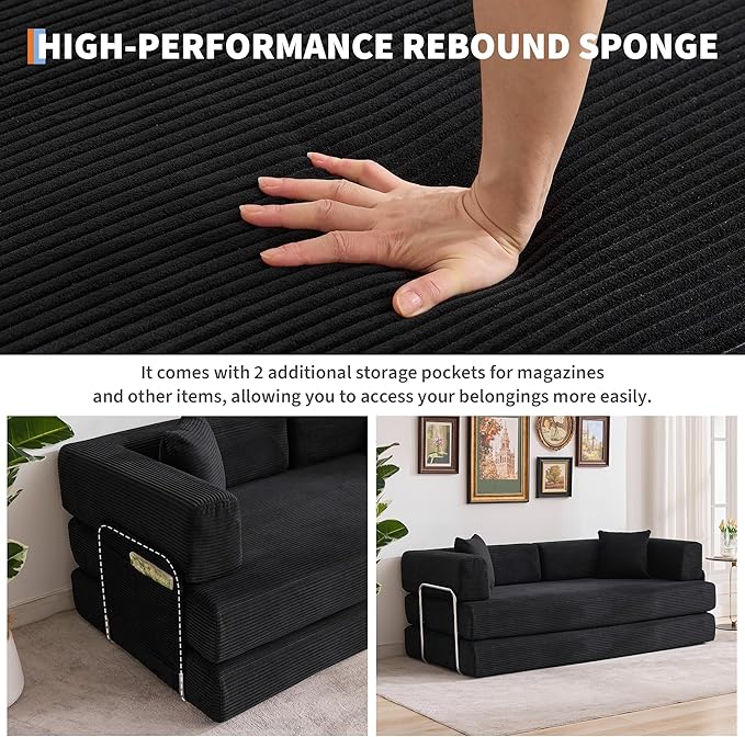 Garvee 5-in-1 Convertible Sofa Bed, 78.8" Modular Corduroy Sleeper with Sturdy Frame & No Assembly, Multi-Functional Futon for Small Space, Living Room & Guest Room (Black)