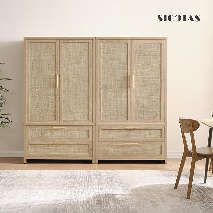 SICOTAS Armoire Wardrobe Closet, Larger Rattan Armoires Wardrobe Cabinet with 2 Large Drawers & Hanging Rod, Tall Closet Storage Cabinet for Cloak Room, Bedroom, Light Oak (3 PCS)