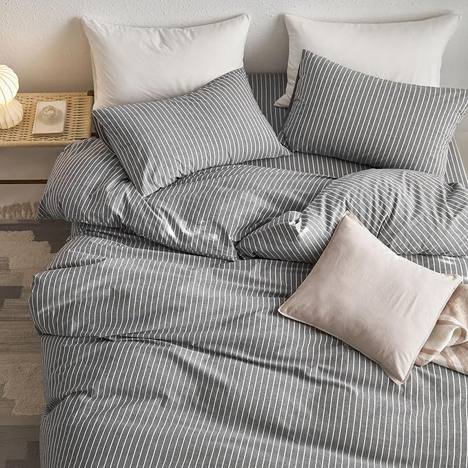 MooMee Striped Duvet Cover Set 100% Washed Cotton Linen Like Textured Breathable Durable Soft Comfy (Dark Grey White Wide Stripes, Super King Plus 120"x120")