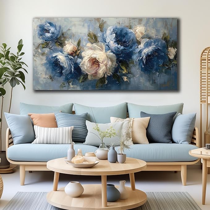 JuhaiArt Blue Wall Art Bedroom Large Flower Canvas Wall Decor Peony Floral Picture Art White Artwork for Living Room Office 29" x 59"