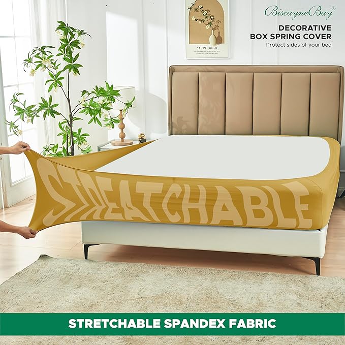 Biscaynebay Decorative Box Spring Cover King & Cal King Size, Gold Luxurious Jersey Knitting Stretchy Wrap Around 4 Sides Bed Skirt for Home/Hotels, Easy Fit Wrinkle & Fade Free Machine Washable