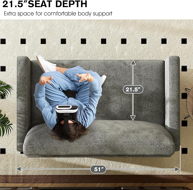 51" Loveseat Sleeper Sofa Bed, Chenille Convertible Floor Sofa Bed for Small Spaces, Folding Couch Bed with Deep Seat, 2 Pillows & Solid Frame, Pull Out Floor Couch for Living Room, Grey
