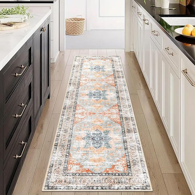 Runner Rug 2x10 Machine Washable Rug with Non-Slip Backing, Ideal for Kitchen Hallway Entryway Laundry Room - Vintage Floral, Durable, Easy Clean, Low Pile Carpet Runner Orange