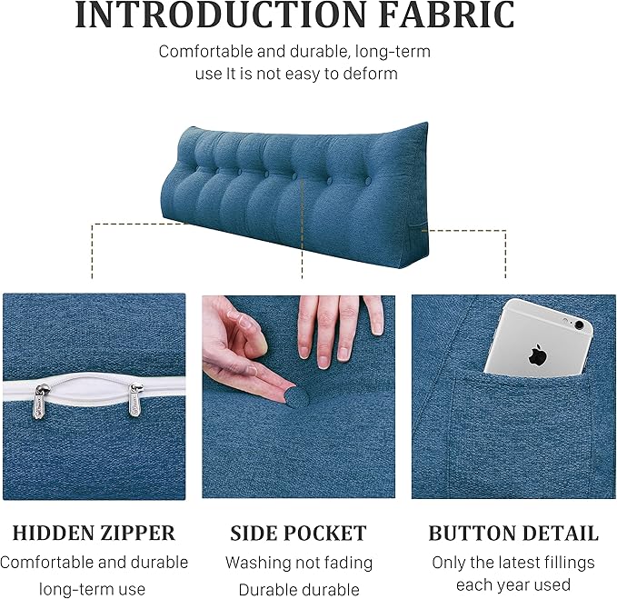 homecozy Wedge Headboard Pillow Dorm Room Reading Pillow Back Support for Sitting Up in Bed Bolster Lumbar Cushion Body Positioning Bedrest Cotton Linen 76in Blue King