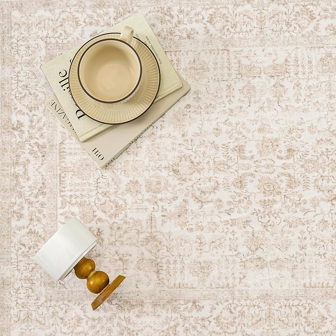Beige Area Rug 9x12 Machine Washable Large Vintage Living Room Distressed Non Slip Carpet Traditional Indoor Bedroom Retro Floral Accent Throw Rug for Office Kitchen Dining Room
