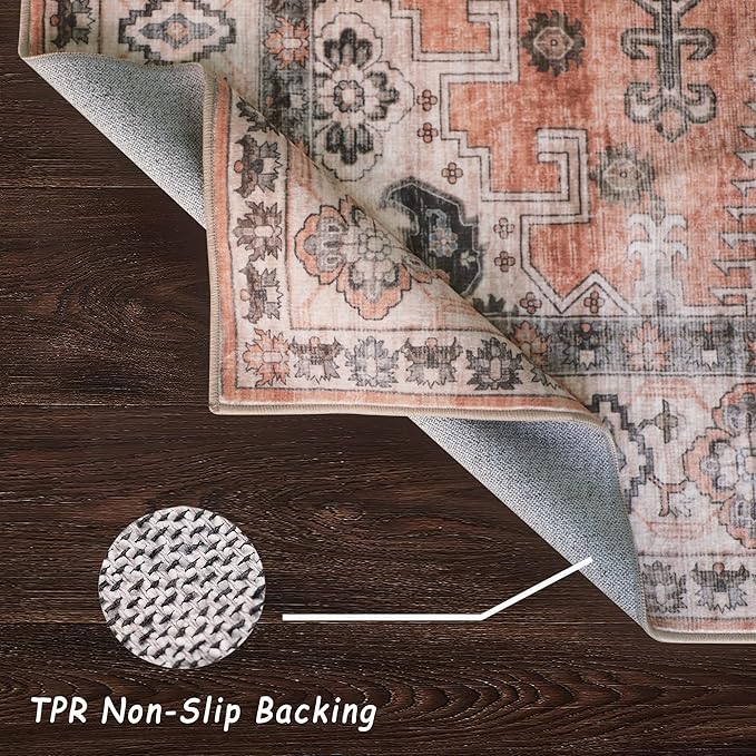 vivorug 5x7 Area Rugs - Ultra-Thin Washable Rug with Non-Slip Backing, Ideal for Living Room, Bedroom, Dining Room Indoor - Vintage Medallion, Easy Clean, Durable, Low Pile Rug Orange