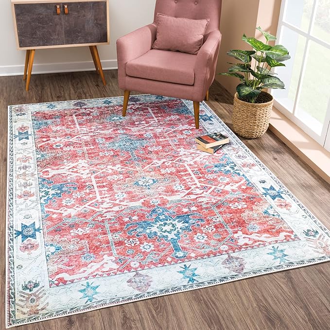 Bloom Rugs Washable Non-Slip 3' x 5' Rug - Red/Blue Traditional Area Rug for Living Room, Bedroom, Dining Room, and Kitchen - Exact Size: 3' x 5'