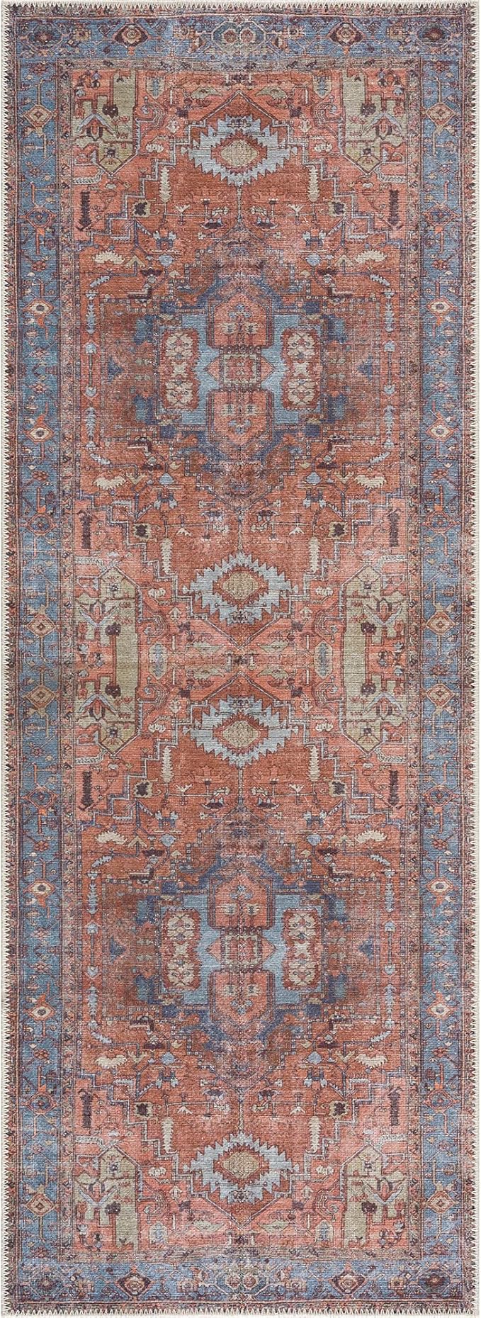 Bloom Rugs Washable 7 ft Runner - Terracotta/Blue Traditional Runner for Entryway, Hallway, Bathroom, and Kitchen - Exact Size: 2.5' x 7'