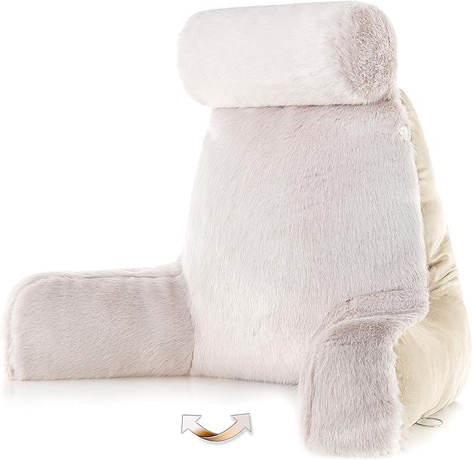 Husband Pillow Medium Baby Golden Wolf Fabulous Faux Fur Backrest, Two-Tone Reversible Double Sided Reading & Bed Rest Pillow with Arms & Neck Roll, Adjustable Memory Foam - Sit Up Extremely Comfy