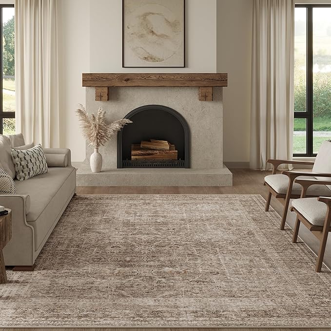 FMFUNCTEX 6x9 Washable Area Rug Vintage Neutral Distressed Large Taupe Non Slip Carpet for Living Room Bedroom Soft Low Pile Indoor Mat Retro Floral Throw Rug for Dining Room Kitchen Office Nursery
