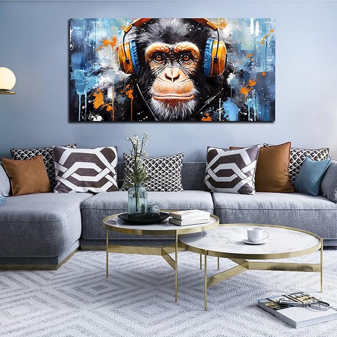 ENTANUB Monkey Wall Art for Living Room, Animal Canvas Print Painting for Bedroom, Blue Picture Decor, Size 59 x 29 Inches