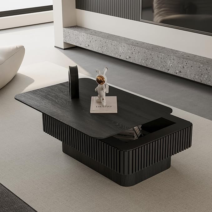 LKTART Lift Top Coffee Table for Living Room, Accent Fluted Coffee Table with Storage, Modern Solid Wood Veneered Rectangle Center Tea Table for Small Space Apartment (38.6''L×14''H-Black)