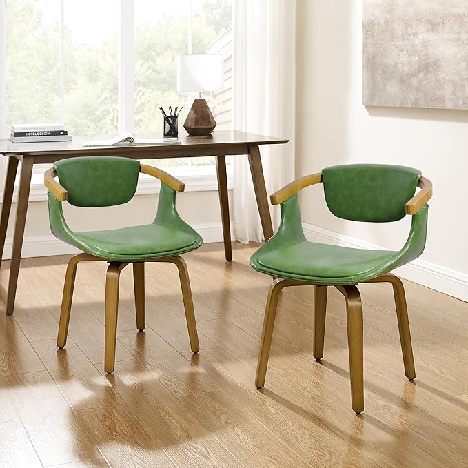 Art Leon Dining Chairs Set of 2 - Mid Century Modern Retro Faux Leather Chair, Small Comfy Upholstered Swivel Desk Chairs No Wheels, Green