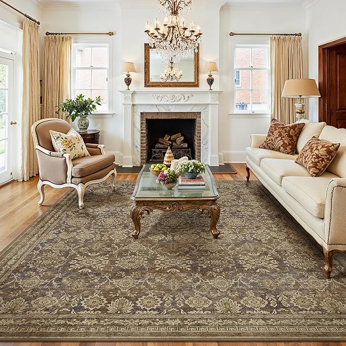 8x10 Vintage Area Rug Brown Washable Living Room Large Non Slip Carpet Bedroom Indoor Office Low Pile Traditional Distressed Retro Floral Accent Rug for Dining Room