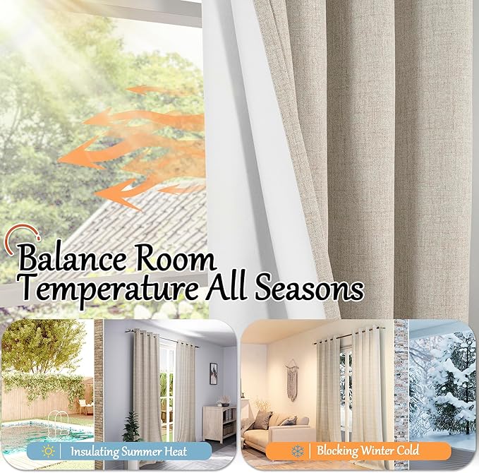 Linen Blackout Curtains for Bedroom Narrow Window, Thermal Insulated Complete Light Blocking Privacy Soundproof Small Curtains for Basement, Each 38 Inch Wide 63 Inch Length 2 Panels, Beige