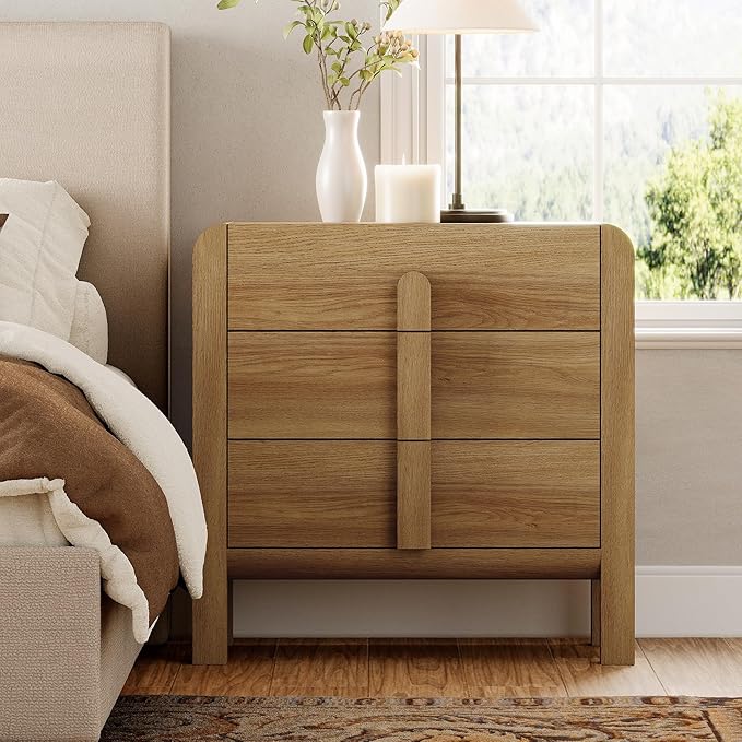 WAMPAT Modern 3 Drawer Nightstand, 31.5" Tall Nightstand with Large Chest of Drawers, Wooden Bedroom Dresser w/Curved Profile Design, End Table Bed Side Table for Bedroom, Living Room, Light Walnut
