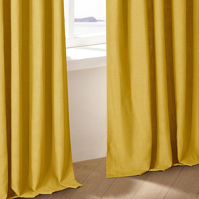Pinch Pleated Mustard Yellow Linen Curtains 84 Inches Long 2 Panels Set for Living Room Dining Pinch Pleat Back Tab Light Filtering Farmhouse Boho Retro Window Curtain Drapes Gold Yellow Spring Decor