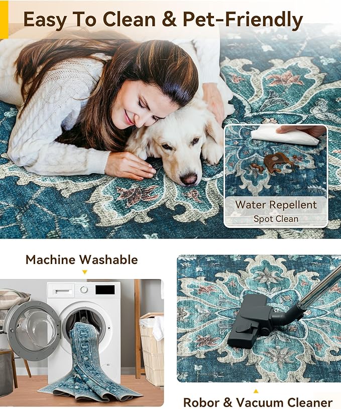 Area Rugs 3'x4' Washable Non-Slip, Floral Vintage Distress Print Pattern Medallion Carpet for Living Room Bedroom Dining Room, Teal Green Lake Blue Turquoise