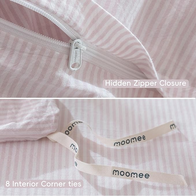 MooMee Striped Duvet Cover Set 100% Washed Cotton Linen Like Textured Breathable Durable Soft Comfy (Heathered Greyish Pink Pinstripes, Full 80"x90")