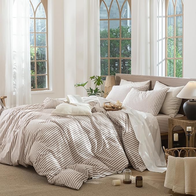 MooMee Striped Duvet Cover Set 100% Washed Cotton Linen Like Textured Breathable Durable Soft Comfy (Orange Classic Stripes, Cal King 104"x98")