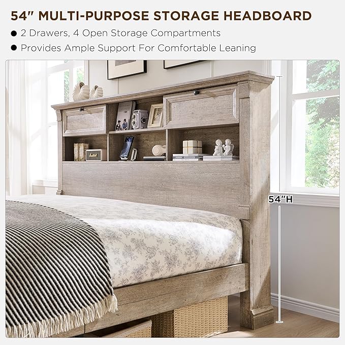 T4TREAM Farmhouse King Size Bed Frame with 54" Tall Storage Bookcase Headboard, Wood Platform Bed Frame with 18" Roman Column Decoration Footboard & 2 Drawers, No Box Spring Needed(Light Rustic Oak)