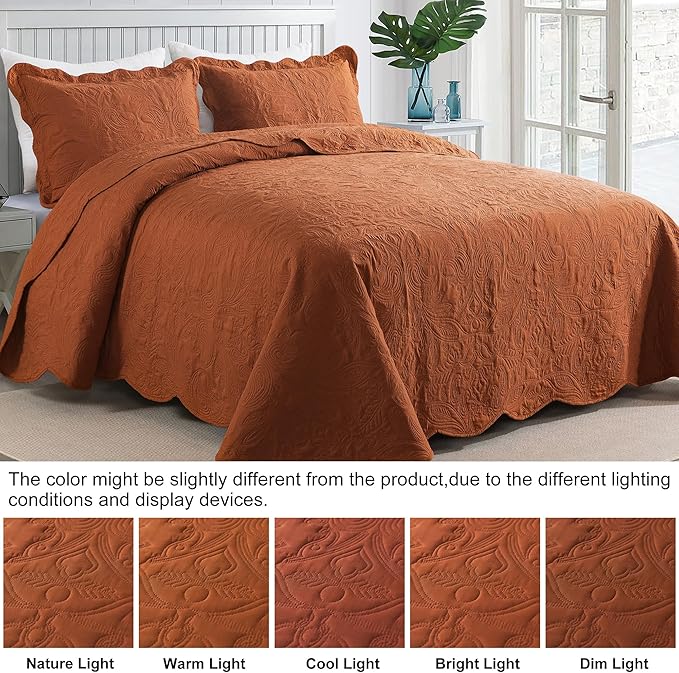 HoneiLife Queen Quilt Bedding Set - 3 Pieces Microfiber Quilt Sets Lightweight Bedspreads Reversible Coverlets Retro Bed Cover Paisley Pattern Bedding Set All Season Quilts-Rust