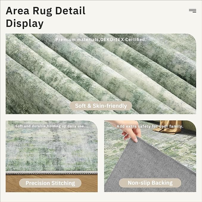 Area Rugs 4x6 for Living Room, Vintage Washable Rugs for Dining Room, Kitchen, Non-Slip Area Rug Green Ivory