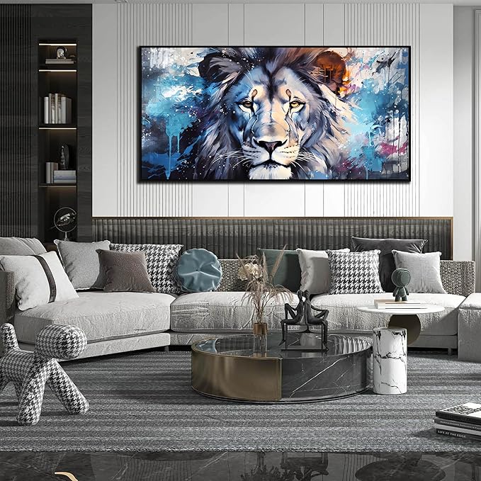 Lion Wall Art for Living Room, Animal Canvas Wall-Decor for Bedroom, Blue Picture Print, Large Size 59x29 Inches Framed