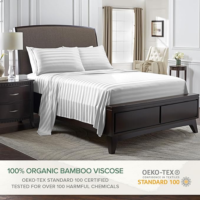 Pure Bamboo Split King Sheets, Genuine 100% Organic Viscose Derived from Bamboo Bed Sheet Set, Soft & Cooling, Double Stitching, 2 Fitted Sheets (Split King, Jacquard White)