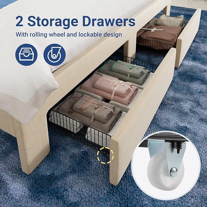 Allewie Vertical Tufted King Size Upholstered Platform Bed Frame with 2-Tier LED Storage Headboard & 2 Storage Drawers, USB & Type-C Charging Ports, Noise-Free/No Box Spring Needed, Beige