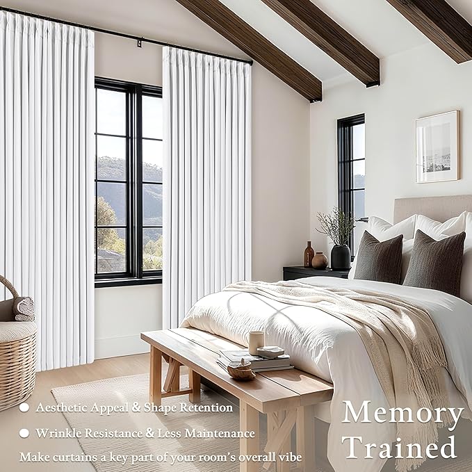 Snow White Pleated Linen Blackout Curtains 84 Inches Long for Bedroom Living Room Pinch Pleat Black Out Thermal Insulated Ring Hooks Back Tab Room Darkening Elegant Drapes Window Curtains with Liner
