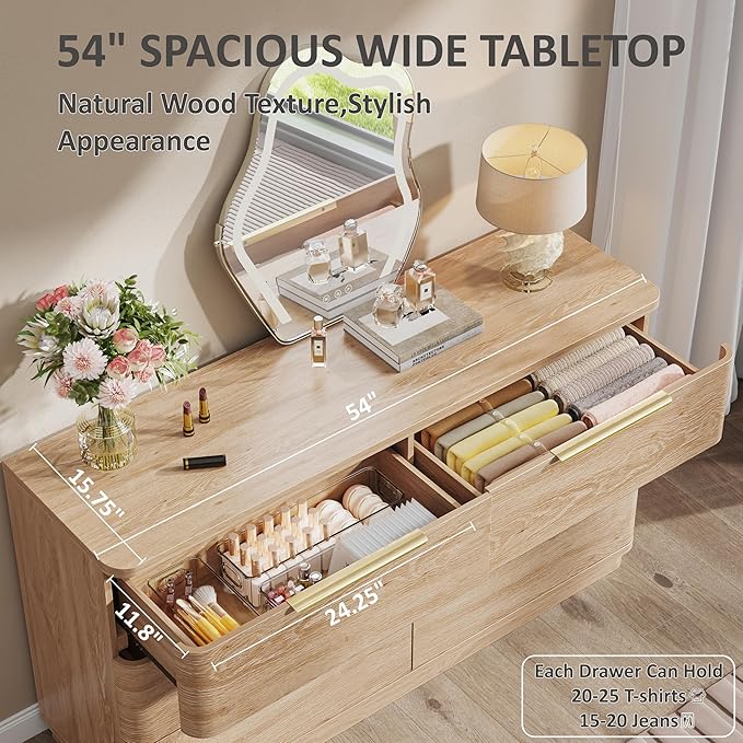 6 Drawer Dresser for Bedroom, 54" Wide Modern Chest of Drawers with Metal Handle, Curved Profile Design, Wooden Oak Dresser Closet Clothes Storage TV Stand for Living Room, Hallway