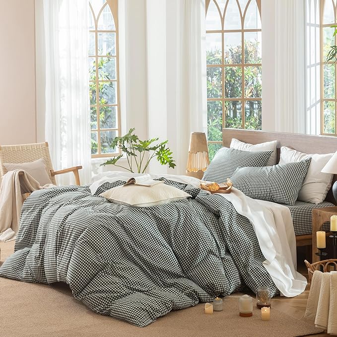 MooMee Gingham Duvet Cover Set 100% Washed Cotton Linen Like Textured Breathable Durable Soft Comfy Modern Checkered Design (Mini Gingham Forest Green, Palatial King/Oversized King 120"x98")