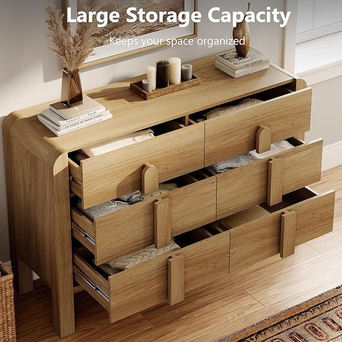 WAMPAT 3 Piece Bedroom Dresser Set, 110.2" Wide 12 Drawers Wood Dresser, Mid-Century Modern Storage Chest with Curved Handles for Bedroom, Living Room (Light Walnut)