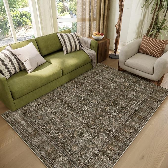 Washable 4x6 Rugs for Living Room, Boho Non-Slip Vintage Distress Small Rugs for Bedroom Nursery Office, 0.3" Neutral Oriental Throw Thin Carpet with Cushioning Pad, Rust/Multi