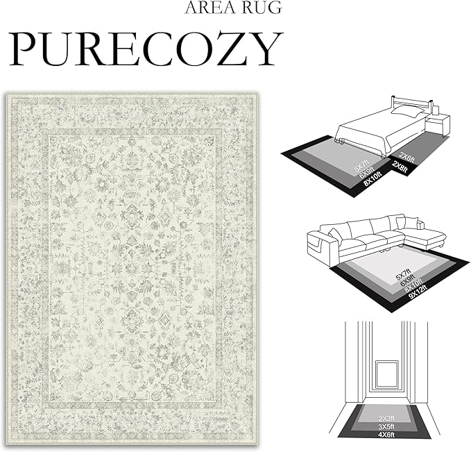 4x6 Grey Area Rug Non Slip Vintage Office Entryway Rug Distressed Machine Washable Kitchen Carpet Traditional Retro Floral Accent Throw Door Mat for Bedroom Bathroom Dining Living Room