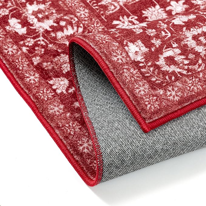 Christmas Area Rug 3x5 Red Washable Office Carpet Holiday Door Mat Vintage Low Pile Distressed Retro Floral Throw Non Slip Soft Decorative Xmas Rug for Entryway Kitchen Bedroom Bathroom