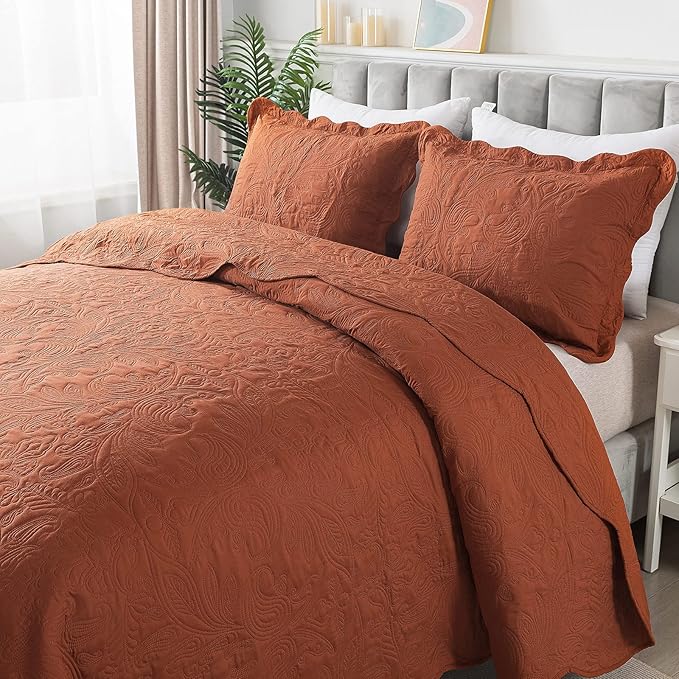 HoneiLife Embroidered Quilt King Size - 3 Pieces Microfiber Quilt Sets Lightweight Bedspreads Reversible Coverlets Retro Bed Cover Paisley Pattern Bedding Set All Season Quilts-Rust