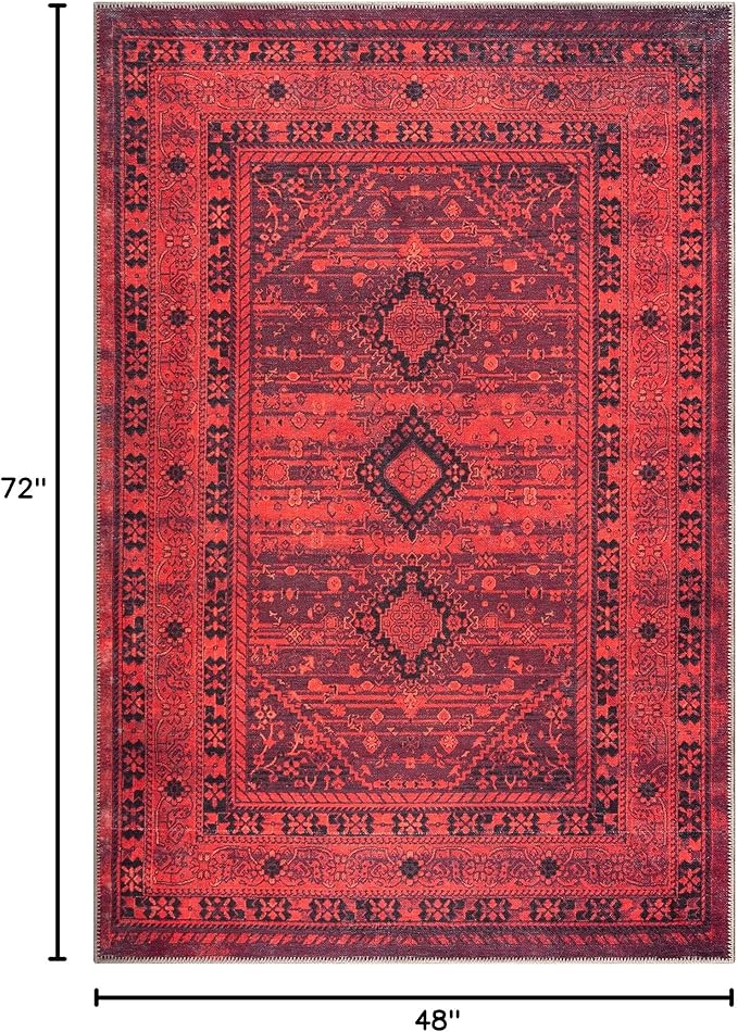 Bloom Rugs Washable Non-Slip 4' x 6' Rug - Red Traditional Bordered Area Rug for Living Room, Bedroom, Dining Room, and Kitchen - Exact Size: 4' x 6'