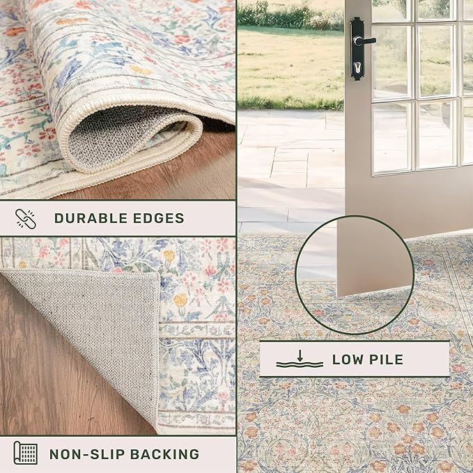 Beige Blue Washable 2'6"x10' Wide Hallway Runners, Kitchen Runner Rug, Non-Slip & Stain Resistant 10ft Long Floor Rug, Retro Lilic Boho Floral Décor